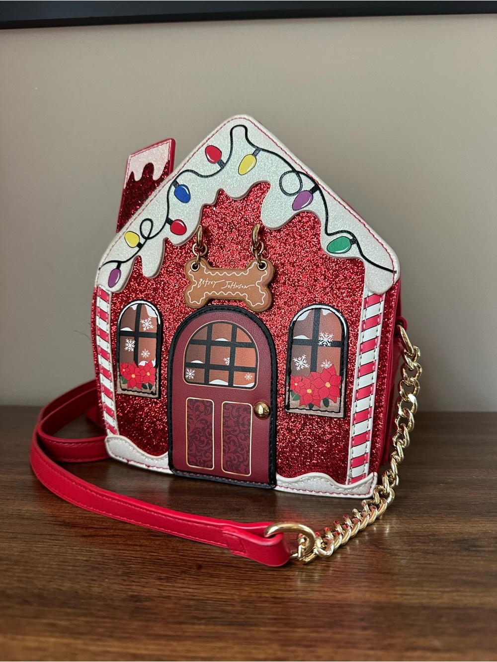 Betsey Johnson Red Glitter Gingerbread House Novelty Crossbody Bag